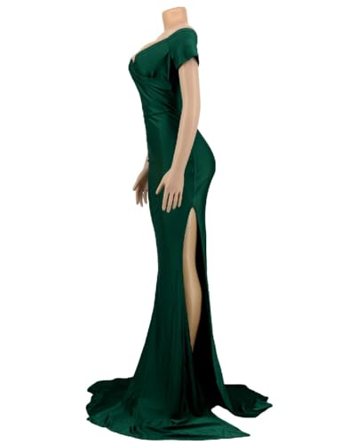 Image of Women's Off Shoulder High Split Long Formal Party Dress, Off Shoulder Maxi Dress Sexy V Neck Short Sleeved Gown Cocktail Mermaid Wedding Dresses (Dark Green, S), Small
