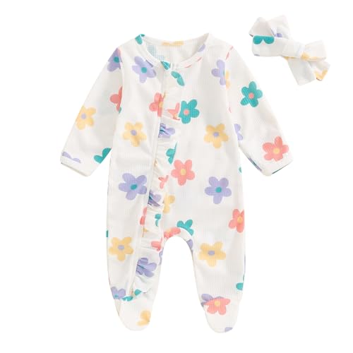 Image of Covvoliy Newborn Baby Girl Coming Home Clothes Long Sleeve Jumpsuit and Headband Infant Fall Winter Outfits (White Flower, 3-6 Months)