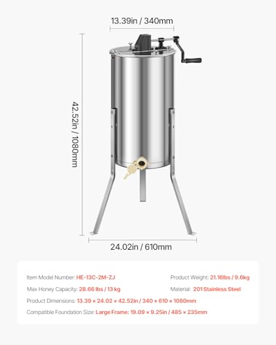 VEVOR Honigschleuder, 2 Rahmen, manuelle Tangentialschleuder mit transparentem Deckel, Honigextractor aus Rostfreiem Stahl mit höhenverstellbarem Ständer, Honigextractor für die Bienenzucht