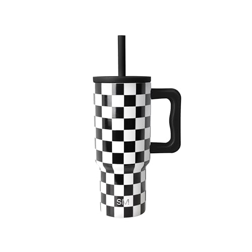 Image of Simple Modern Kids 24 oz Tumbler with Handle and Silicone Straw Lid | Spill Proof and Leak Resistant | Stainless Steel Bottle | Gift for Kids Boys Girls | Trek Collection | Black and White Checkmate