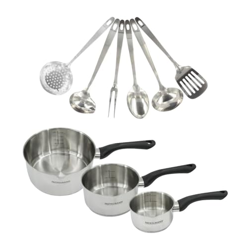 Fackelmann 9446050 Set 3 casseroles 12 16 et 20 cm en inox 18/8 et 6 ustensiles inox, tous feux, induction, sans PFAS, Acier inoxydable 18/8, 12 16 20 cm, Gris...