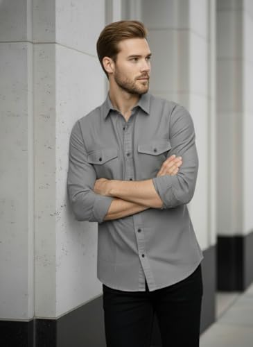 Image of DEELMO Men's Classic Cotton Blend Slim Fit Shirt || Full Sleeve Button-Down Casual Shirt with Dual Flap Pockets || Soft Breathable Fabric || Ideal for Office Party and Everyday Wear