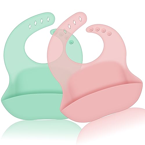 Image of Silicone Baby Bibs, Waterproof Baby Feeding Bibs with Food Catcher Pocket, Adjustable Silicon Bibs for Toddlers Baby Essentials Must Haves Baby Stuff baby girl Newborn Essentials Baby Food Bibs 2 Pack