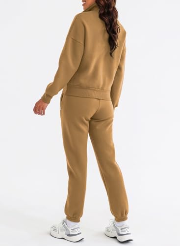 Herseas Womens Half Zip Pullover Long Sleeve Sweatshirt Jogger Pants Lounge Sets 2 Piece Teacher Outfits Sweatsuit with Pockets Camel Small 4 6
