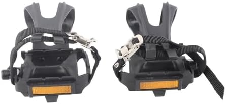 Bike Pedals with Toe Clips and Adjustable Straps, 9/16Inch Spindle Resin Install,Indoor and Outdoor Use for Exercise, Spin, Road BikesBlack