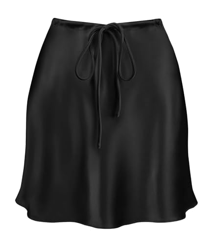 Women's Drawstring Satin Mini Skirt High Waisted Elegant Casual A-Line Flared Silk Short Skirts for Women