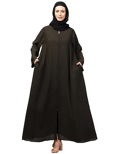 Image of Mallika Women Modest Wear Nida Matt Front Open Zipper Abaya Burkha for Everyday use (Olive, XL)