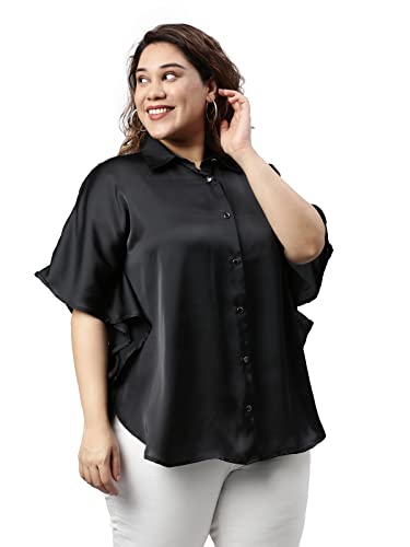 Image of The Pink Moon Women's Regular Fit Plus Size Black Satin Kaftan Top - (SHR TIM10W Black)