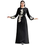 Abaya Dress for Women Floral Embroidery Muslim Robe Eid Ramadan Prayer Islamic Clothes Arabian Dubai Attire Boho Jalabiya Adult Turkish Thobe Modest Jilbab Afghan Kaftan Black S