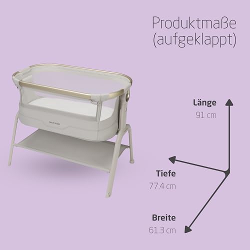 Maxi Cosi Iora² Baby Stubenbett, 0–6 kg (9 kg), Klappbares und Leichtes Beistellbett Baby, 5 cm CloudCore-Matratze, 5 Höhenstufen, 2 Leichtgängige Rollen, Easy Slide, Elegance Beige