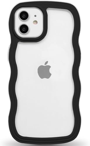 Image of GoldKart iPhone 12 /12 Pro Case Wavy Edge Clear Back Design, Anti-Slip Grip Cute Wave Curly Frame Shape Shockproof Soft TPU & Hard PC Bumper Protective Phone Case Cover for Women Girls - Black