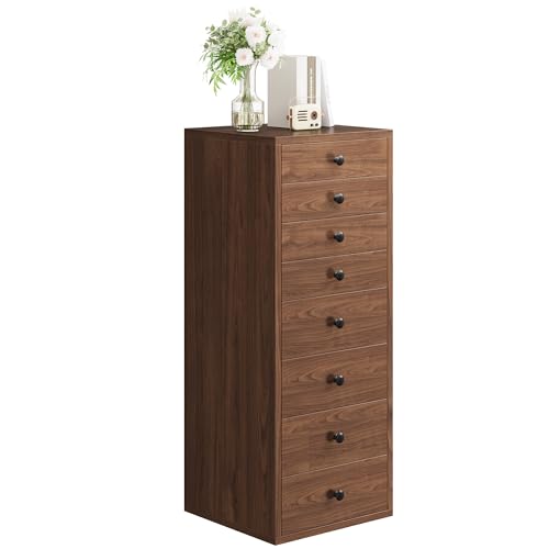 Image of LIKIMIO Tall Dresser, Small Dressers with 8 Storage Drawers, Chest of Drawers for Organizing, Tall Narrow Dresser for Bedroom, Walnut