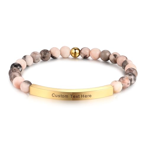 MeMeDIY Personalized Bracelets for Women Natural Stone Stretch Bracelet Stainless Steel Bar Engraved Name Inspirational Message 7.5