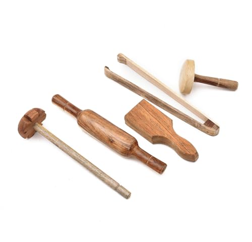 Image of Wooden Kitchen Tool Set for Cooking, Including Belan, Mathni, Dutta, Chimta, Lemon Press, Eco-Friendly Kitchenware Utensils, Durable & Easy to Clean