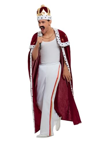 Smiffys Queen Deluxe Royal Costume Red with Robe Trousers Crown & Moustache Officially Licensed Queen Fancy Dress Adult Music Dress Up Costumes Music legend costume