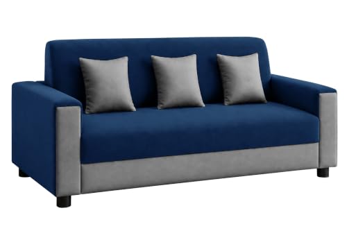 Image of 3 Seater Wooden Sofa | Velvet Fabric Couch with Cushions | Comfortable Living Room Sofa | Sturdy Wooden Frame | Home & Office Furniture | Blue & Grey