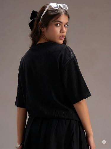 Image of RodZen Women Half Sleeve Polycotton Rib Textured Oversized Tshirt|Drop Shoulder|Loose Fit Tshirt|Stretchable