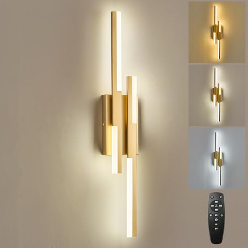 Image of Benkut Modern LED Wall Sconce Gold Remote Wall Light Fixtures for Bathroom, Dimmable Vanity Light Indoor LED Remote Wall Sconce for Bedside Bedroom Living Dining Room (27.6inch 3000-6500K 1 Pack)