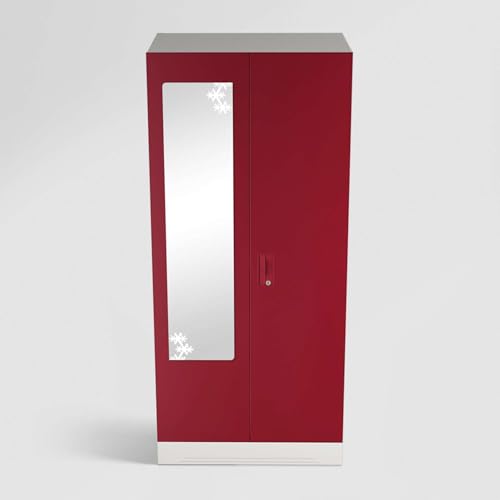 Image of Interio by Godrej Almirah Slimline 2-Door Steel Almirah, Cupboard for Clothes (Textured Caremine Red), 1-Year Warranty, 4 Shelves, 1 Drawer, 1 Locker, Star Design Mirror