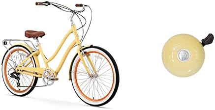 sixthreezero EVRYjourney Women's 7-Speed Step-Through Hybrid Cruiser Bicycle, 26" Wheels with 17.5" Frame, Cream with Brown Seat and Grips, Model:630034 & Firmstrong Classic Beach Cruiser Bicycle Bell