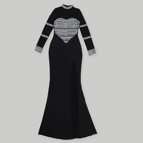 Image of Jigfar Women's Sexy Elegant Rhinestone Cocktail Party Split Mesh See Through Bodycon Formal Maxi Dress(FK3367,Black,XL)