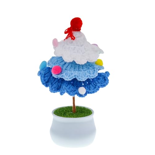 YiQiYi 3-Tier Christmas Tree Decoration Handcrafted Crocheted Artifical Plant Crochet Potted Knitted Chrismas Tree Gifts Home Decor (Blue Tree)
