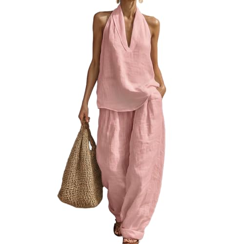 Mucpad Linen Sets for Women 2 Piece Outfits Sleeveless Linen Two Piece Set Women Wide Leg Pants Summer Loungewear (Pink M)