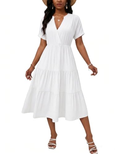 Image of PerZeal Women's Casual Tiered Midi Dress with Pockets - V Neck Short Sleeve Elastic Waist Ruffle Summer Dress for Daily Wear