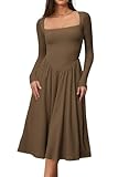 CHYRII Womens Spring Fashion 2025 Square Neck Long Sleeve Casual A-Line Midi Dress Brown XL