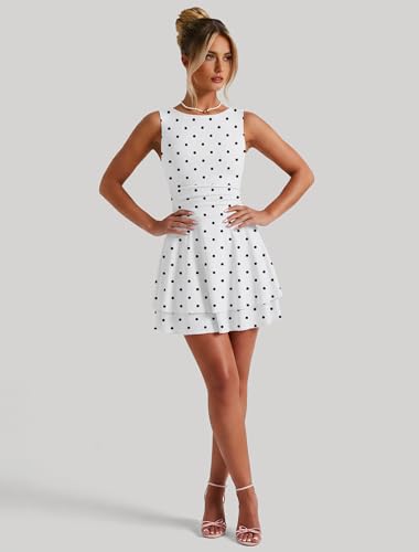 Image of IWD Women's Boat Neck Sleeveless Mini Dress Ruched Waist Flowy Tiered Ruffle Hem A Line Party Short Dresses