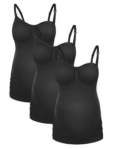 Image of HOFISH Women's Breast Feeding, Maternity Nursing Cami with Build in Shelf Bra Top, 2019 Latest Verison: 3 Pack Black, Large