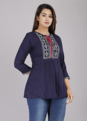 Image of Shiva Fab Short Kurti for Women | Embroidered Straight Rayon Kurta | Round Neck Full Sleeves Short Kurti for Women's