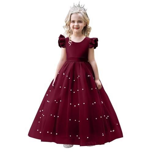 Girl Formal V-Back Satin Flower Girl Dress Girls Dresses for Wedding Flying Sleeve Pearls Tulle Girls Prom Ball Gown Princess Dresses Burgundy
