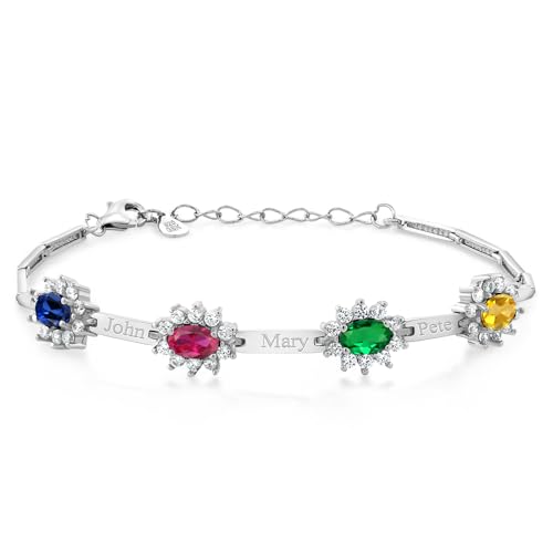 Gem Stone King Customized and Personalized Engraved 4 Gemstone Birthstone and White Created Sapphire Tennis Bracelet For Women | 925 Sterling Silver | 7 Inch + 1 Inch Extender