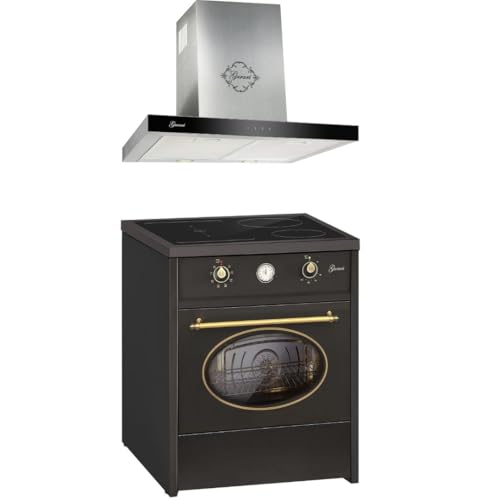 GURARI Herdset GCH E 612 BL r + GCH F 462 IS 6 Prime, Retro Induktions Standherd 60 cm, Range Coocker, 60 L, Schwarz + Dunstabzugshaube, Wandhaube 60 cm, 1000m3/h, Edelstahl, Abluft/Umluft Haube