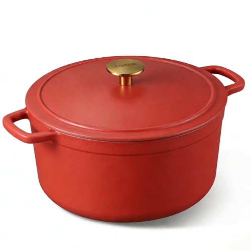 CAROTE 5QT Enameled Cast Iron Dutch Oven Pot with Lid, Heavy-Duty Dutch Oven for Sourdough Bread Baking, Braising, Stews, Roasting, Healthy & Non-Toxic, Dual Handles, All Stovetop Compatible, Oven Safe up to 500° F, Red