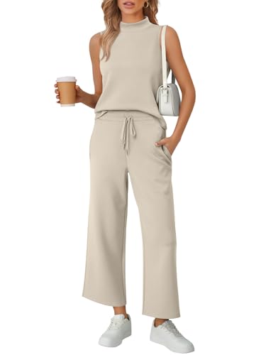 Image of AUTOMET Womens 2 Piece Mock Neck Matching Summer Tracksuit Set Sleeveless Tank Top Wide Leg Crop Pant Sets