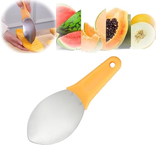 Multi-Purpose Slicer Scooping Spoon, Stainless Steel Mango Slicer Spoon with Non-Slip Handle, Fruits Divider Mango Cutter Mango Pitting Tool Pratical Kitchen Gadget with Hanging Ring (1pcs)