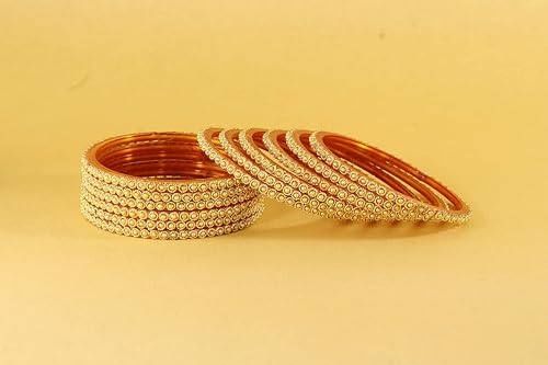 Image of NMII Glass Golden Beads & Pearls Moti Work Designer Bangles Set For Women & Girls | Kanch ki Chudi Set | Girl's Bangles Bracelet | Glass Bangles | Daily, Wedding, Party, Fashion Jewellery- Set of 12
