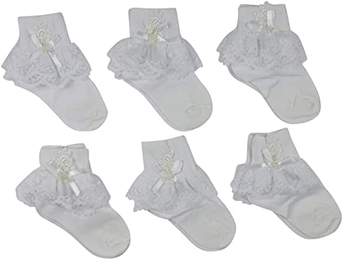 ToBeInStyle Girls' and Infants' Pack of 6 or 12 Ankle Socks with Lace Ruffle Trim and Ribbon