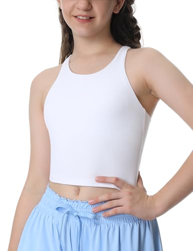 Image of Girls Tank Tops Double Lined Crop Tops for Kids High Crew Neck Racerback Basic Sleeveless Dance Top for Girls