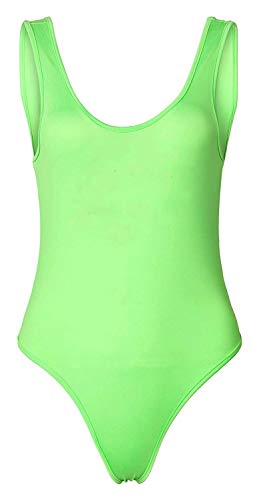 Smile Fish Women's 80s Costumes Lips Printed Neon Retro Scoop-Neck Thong Bodysuits (Solid Neon Green, XL)