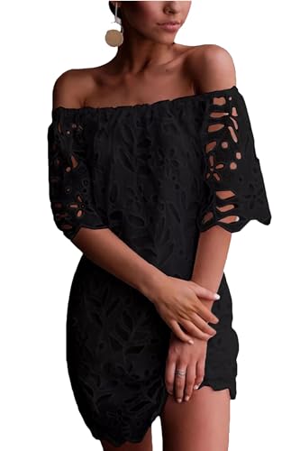 PRETTYGARDEN Women's Summer Off Shoulder Dresses Floral Lace Flare Short Sleeve Spring Vintage Elegant Mini Dress