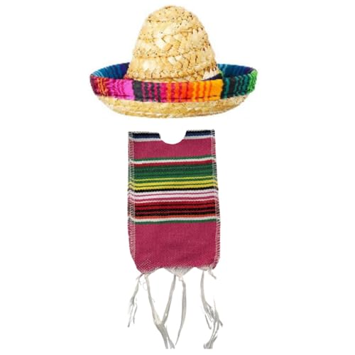 Cazqgoy 1pcs Kleine Mexikanische Sombrero-mützen Und 1pcs Serapes Ponchos Für Flaschen,Bunter Bier-Poncho-überzug,Tiny Sombrero Hat, Mini Serapes Poncho For Bottles (Rosenrot)