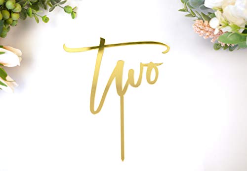 LS Designs Two Cake Topper Gold Acrylic Second Birthday 6 1/4 inches x 7 1/4 inches Happy Birthday Cake Topper 2nd birthday Cake Topper 2 Cake Topper