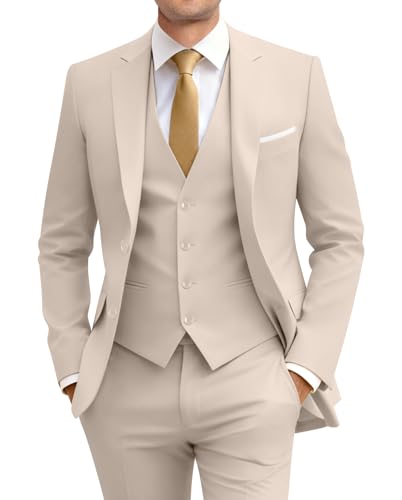 Image of Men's Slim Fit 3 Piece Suit Two Button Business Wedding Dress Tux Suit Set Jacket Vest Pants with Tie