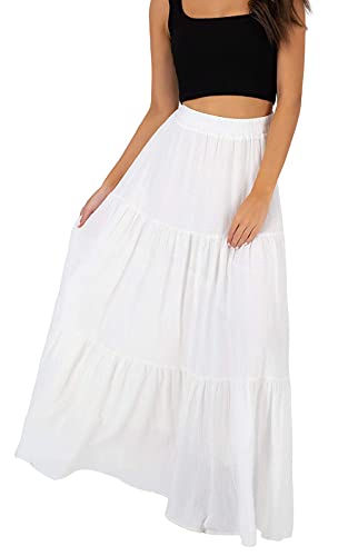 Annebouti Womens Spring Summer Boho Elastic Long Skirts High Waist Pleated A Line Tiered White or Black Maxi Skirt