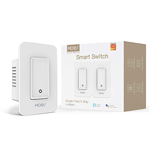 MOES 3-Way Smart Switch Neutral Wire Needed, 2.4GHz Wi-Fi Light Switch Works with Smart Life/Tuya APP, Alexa and Google Home, No Hub Required, White(2 Pack)