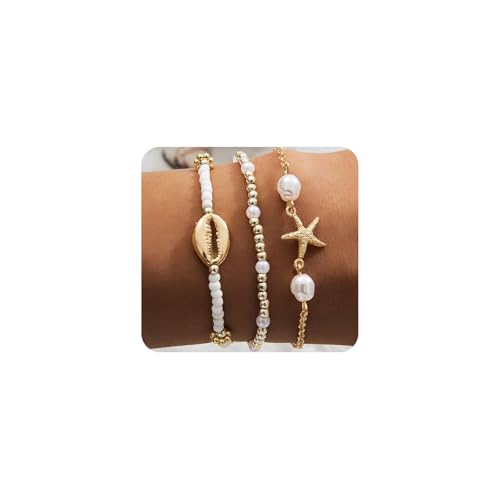 Beach Jewelry Accessories for Women,Trendy Gold Seashell Starfish Bracelet Set Charm Pearl Beaded Layered Bracelets,Boho Stackable Stretch Bracelets