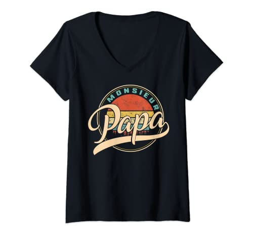 Womens Monsieur Papa Father's Day T-Shirt for Men Grandpa V-Neck T-Shirt